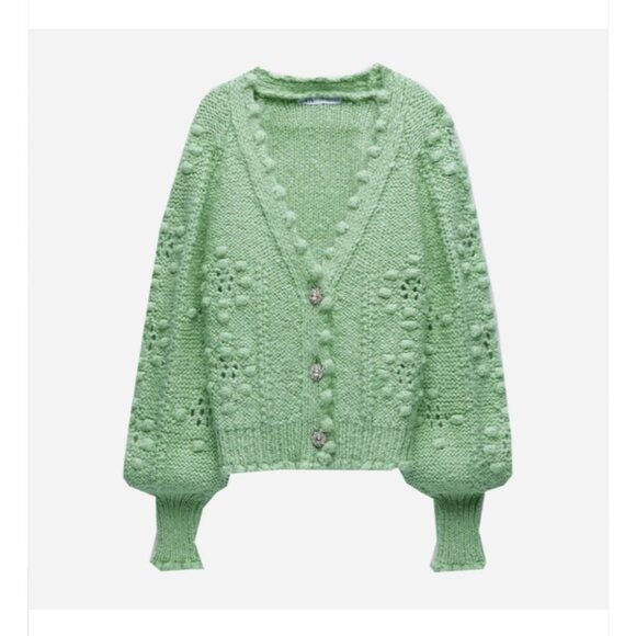 ZARA | Alpaca Wool Cardigan Sweater Green Sz L - Picture 2 of 7